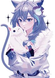 Rule 34 | 1boy, androgynous, animal, animal ears, blue hair, cat, cat boy, cat ears, cat tail, hair between eyes, highres, holding, holding animal, holding cat, holostars, light blush, long hair, looking ahead, male focus, minase rio, minase rio (1st costume), nostresstuna, open mouth, purple eyes, purple hair, ringed eyes, solo, star (symbol), tail, upper body, virtual youtuber, white background
