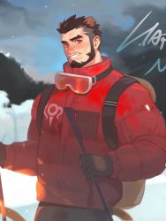 Rule 34 | 1boy, alca (wakatanka4), animal ears, bara, beard, black hair, commission, facial hair, goggles, goggles around neck, highres, jacket, lion boy, lion ears, lion tail, male focus, original, powerlesssong, red eyes, red jacket, short hair, skating, smile, snow, solo, tail, undercut, winter clothes