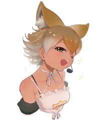 1girl absurdres animal_ears bare_shoulders beleven blonde_hair blush bow bowtie choker coyote_(kemono_friends) frilled_shirt frills hair_between_eyes highres kemono_friends kemono_friends_v_project microphone off_shoulder one_eye_closed open_mouth shirt short_hair sidelocks smile solo spaghetti_strap tail upper_body virtual_youtuber white_bow white_bowtie white_choker white_hair white_shirt wolf_ears wolf_girl wolf_tail yellow_eyes