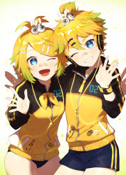 Rule 34 | 1boy, 1girl, absurdres, arm around back, badge, bandage on face, bandages, bass clef, blonde hair, blue eyes, bow, brother and sister, buruma, cable, commentary, cowboy shot, grin, hair bow, hair ornament, hairclip, hand up, head tilt, headphones, highres, jacket, kagamine len, kagamine rin, leaning forward, looking at viewer, matching outfits, multicolored clothes, multicolored jacket, neckerchief, one eye closed, open mouth, project diva (series), short hair, short ponytail, short shorts, shorts, siblings, side-by-side, smile, spiked hair, sportswear, star (symbol), stylish energy (module), swept bangs, track jacket, treble clef, twins, two-tone jacket, v, vocaloid, waving, white bow, wristband, yamada ichi, yellow jacket, yellow neckerchief, zipper, zipper pull tab