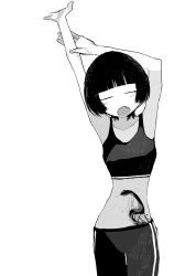Rule 34 | 1girl, arm up, bob cut, closed eyes, collarbone, crop top, fang, flexing, gym pants, gym uniform, highres, kyohai 9, midriff, monochrome, navel, open mouth, original, short hair, simple background, snake tattoo, solo, standing, stomach tattoo, tank top, tattoo