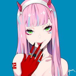 Rule 34 | 1girl, :p, absurdres, bad id, bad pixiv id, black nails, blue background, blue hair, closed mouth, collarbone, darling in the franxx, eyebrows hidden by hair, fingernails, green eyes, grey hairband, hairband, hand up, highres, horns, long fingernails, multicolored hair, nail polish, pink hair, sharp fingernails, signature, simple background, smile, solo, streaked hair, tongue, tongue out, upper body, yuuta (yuuta0312), zero two (darling in the franxx)