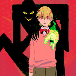 Rule 34 | 1boy, 1girl, absurdres, blonde hair, bow, brown eyes, closed mouth, colored sclera, copyright request, fingernails, green eyes, hair between eyes, hand on shoulder, highres, looking at viewer, monster, patterned, patterned background, pointing, red bow, red neckwear, sarakipin, shadow, short hair, skirt, smile, yellow sclera