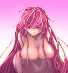 Rule 34 | 1girl, :p, bent over, breasts, cleavage, collarbone, commentary, covering privates, fate/grand order, fate (series), gradient background, hair intakes, highres, kazekami2112, large breasts, long hair, looking at viewer, naked towel, naughty face, nude, nude cover, pink background, purple hair, red eyes, scathach (fate), solo, sweat, tongue, tongue out, towel, very long hair