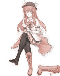 Rule 34 | 1girl, black pantyhose, blush, unworn boot, boots, unworn boots, brown footwear, cross-laced footwear, crossed legs, feet, full body, hat, highres, hinanawi tenshi, knee boots, kuro suto sukii, lace-up boots, long hair, looking at viewer, monochrome, pantyhose, shoes, simple background, single boot, single shoe, sitting, sketch, skirt, solo, toes, touhou, white background