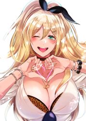Rule 34 | 1girl, absurdres, black choker, blonde hair, bracelet, breasts, choker, cleavage, goddess of victory: nikke, green eyes, hair between eyes, heart, heart hands, highres, jewelry, large breasts, long hair, long sleeves, looking at viewer, mitotro, necklace, one eye closed, open mouth, rupee (nikke), shirt, simple background, sleeves rolled up, smile, solo, teeth, tongue, upper teeth only, white background, yellow nails