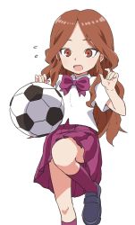 Rule 34 | 1girl, absurdres, ball, black footwear, bow, bowtie, brown eyes, brown hair, flying sweatdrops, highres, inazuma eleven, inazuma eleven (series), kneehighs, loafers, long hair, open mouth, parted bangs, pleated skirt, purple bow, purple bowtie, purple skirt, purple socks, raimon natsumi, shoes, short sleeves, sidelocks, simple background, skirt, soccer ball, socks, solo, tsurime, white background, yamamoto souichirou