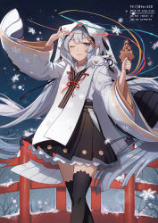 Rule 34 | 1girl, ;), animal, animal on shoulder, arm up, bare tree, beamed eighth notes, bell, black skirt, black thighhighs, closed mouth, fen renlei, fortissimo, grey eyes, grey hair, grey kimono, hair ornament, hand up, hatsune miku, holding, hood, hood up, japanese clothes, jingle bell, kagura suzu, kimono, long hair, long sleeves, looking at viewer, musical note, musical note hair ornament, musical note print, one eye closed, pleated skirt, rabbit, rabbit yukine, railing, skirt, smile, snow, snowflake print, snowflakes, snowing, standing, thighhighs, tree, very long hair, vocaloid, wide sleeves, yuki miku, yuki miku (2018)