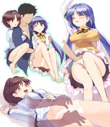 Rule 34 | 1boy, 2girls, ;), bare legs, barefoot, beamed eighth notes, black hair, black skirt, blue kimono, blue outline, blush, breasts, brown eyes, brown hair, colored eyelashes, commentary request, dress, closed eyes, faceless, faceless male, flower, girl sandwich, hair flower, hair intakes, hair ornament, hairband, hand in panties, hand up, hetero, highres, japanese clothes, kimono, large breasts, long hair, long sleeves, looking at viewer, low twintails, lying, medium breasts, miniskirt, molestation, multiple girls, musical note, on back, one eye closed, open mouth, outline, own hands together, palms together, panties, pantyshot, parted lips, petticoat, purple eyes, purple hair, purple hairband, sandwiched, shirt, short dress, short hair, simple background, sitting, skirt, smile, squatting, sweat, tada no nasu, thighs, touhou, tsukumo benben, tsukumo yatsuhashi, twintails, underwear, very long hair, white background, white flower, white panties, white shirt, wide sleeves, yellow dress