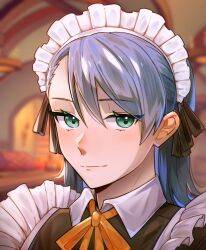 1girl absurdres black_ribbon blue_hair blurry blurry_background close-up closed_mouth eiyuu_densetsu green_eyes highres indoors leorlontyan lila_(sora_no_kiseki) long_hair looking_at_viewer maid maid_headdress ribbon smile solo sora_no_kiseki upper_body white_headdress