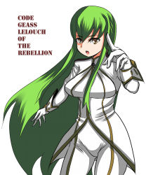 Rule 34 | 00s, 1girl, breasts, c.c., code geass, copyright name, cowboy shot, gloves, green hair, johnny funamushi, large breasts, long hair, long sleeves, looking at viewer, pointing, pointing at viewer, robe, sidelocks, simple background, solo, standing, white background, white gloves, yellow eyes
