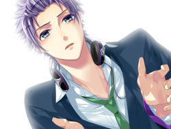 Rule 34 | 1boy, amaha tsubasa, blue eyes, cable, game cg, green necktie, headphones, headphones around neck, looking afar, looking at viewer, male focus, necktie, simple background, solo, starry sky (game), white background