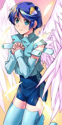 Rule 34 | 1girl, :d, angel wings, blue eyes, blue hair, breasts, chikugen shiina, lowres, open mouth, scheris adjani, scryed, simple background, smile, wings