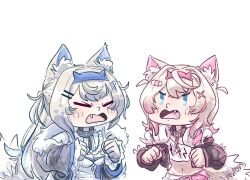 Rule 34 | 2girls, angry, animal collar, animal ear fluff, animal ears, bandaid, bandaid hair ornament, belt, black collar, black jacket, blue eyes, blue hair, blue hairband, blush, captpolybius, center frills, chibi, clenched hands, closed eyes, collar, commentary, cropped jacket, cropped shirt, crossed bangs, detached collar, dog ears, dog girl, dog tail, double-parted bangs, dress, english commentary, fake horns, fang, frilled shirt collar, frills, fur-trimmed jacket, fur trim, fuwawa abyssgard, fuwawa abyssgard (1st costume), hair between eyes, hair intakes, hair ornament, hairband, hairclip, headphones, headphones around neck, hololive, hololive english, horns, jacket, light brown hair, long hair, long sleeves, mococo abyssgard, mococo abyssgard (1st costume), multicolored hair, multiple girls, open mouth, pink belt, pink hair, pink hairband, shirt, short hair, shorts, siblings, simple background, sisters, spiked collar, spikes, streaked hair, tail, textless version, twins, two side up, upper body, v-shaped eyebrows, virtual youtuber, white background, white dress, white shirt, white shorts, x hair ornament