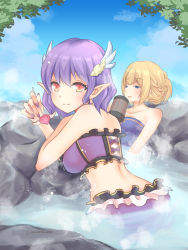 Rule 34 | 2girls, adapted costume, angeling, arcane master (ragnarok masters), arch bishop (ragnarok online), back, blonde hair, blue eyes, blue sky, blush, braid, breasts, cleavage cutout, closed mouth, clothing cutout, cloud, commentary request, cup, dated, day, french braid, highres, holding, holding cup, looking at viewer, looking back, medium breasts, medium hair, mug, multiple girls, nail polish, onsen, open mouth, orange eyes, outdoors, pointy ears, purple hair, purple nails, purple tube top, ragnarok masters, ragnarok online, rock, short hair, sky, smile, strapless, themed object, tomo-graphy, tree, tube top, twitter username, upper body, water