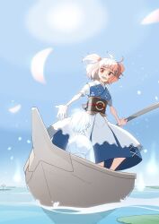 Rule 34 | 1girl, blue dress, blue sky, boat, commentary, commission, dress, full body, hair bobbles, hair ornament, highres, kansuke (bubuduke), looking at viewer, mixed-language commentary, obi, onozuka komachi, open mouth, outdoors, red eyes, sash, short hair, skeb commission, sky, solo, touhou, two side up, water, watercraft
