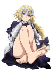Rule 34 | 1girl, armor, artist name, bare legs, barefoot, blonde hair, commission, crossed ankles, dress, fate/grand order, fate (series), feet, highres, jeanne d&#039;arc (fate), knees up, legs, pixiv commission, purple eyes, shiima, shoulder armor, simple background, sitting, smile, soles, solo, toeless footwear, toenails, toes, white background