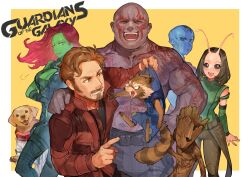Rule 34 | 2023, 3girls, 4boys, absurdres, angry, antennae, artist request, blonde hair, blue skin, breasts, brown hair, closed mouth, colored skin, cosmo the spacedog, dog, drax the destroyer, english text, frown, gamora, groot, group picture, guardians of the galaxy, highres, laughing, logo, long hair, looking at another, looking up, mantis (marvel), marvel, marvel cinematic universe, mullet, multiple boys, multiple girls, muscular, nebula (gotg), open mouth, peter quill, pout, raccoon, rocket raccoon, scribble, sharp teeth, signature, small breasts, smile, spacesuit, teeth, tongue, tongue out