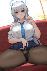 Rule 34 | 1girl, blue archive, blue necktie, blush, breasts, clothes lift, gluteal fold, grey hair, grin, halo, highres, jacket, kihou no gotoku dmc, large breasts, long hair, long sleeves, looking at viewer, necktie, noa (blue archive), one-piece swimsuit, pantyhose, pantyhose under swimsuit, purple eyes, shirt, sidelocks, skirt, skirt lift, smile, solo, spread legs, swimsuit, swimsuit under clothes, very long hair, white hair, white jacket, white shirt