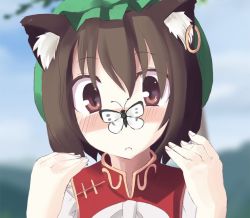 Rule 34 | 1girl, :o, animal ears, blush, bug, butterfly, butterfly on nose, cat ears, cat girl, chen, close-up, earrings, female focus, insect, jewelry, portrait, solo, takuzui, touhou