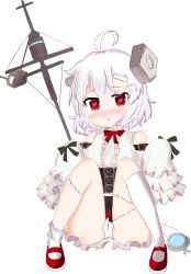 Rule 34 | 1girl, absurdres, ahoge, azur lane, bailingxiao jiu, bare shoulders, black skirt, blush, bolt, bow, bowtie, breasts, cameltoe, center frills, commentary request, detached sleeves, frills, full body, hair between eyes, hands up, heart, heart-shaped pupils, high-waist skirt, highres, kneehighs, long sleeves, looking at viewer, mary janes, medium breasts, nose blush, panties, parted lips, pleated skirt, red bow, red bowtie, red eyes, red footwear, shirt, shoes, silver hair, simple background, single kneehigh, single sock, sitting, skirt, sleeveless, sleeveless shirt, sleeves past fingers, sleeves past wrists, socks, solo, stitches, symbol-shaped pupils, terror (azur lane), thighs, underwear, white background, white panties, white shirt, white socks