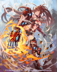 Rule 34 | 1girl, bike shorts, black shorts, brown hair, character request, clothing cutout, copyright name, fire, full body, highres, kicking, leg up, long hair, mechanical arms, mechanical legs, navel, navel cutout, official art, pondel, shorts, smile, solo, underboob cutout, yellow eyes, z/x