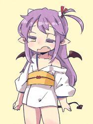 Rule 34 | 1girl, character request, croixsan, demon tail, demon wings, fang, female focus, flat chest, japanese clothes, light purple hair, obi, one eye closed, one side up, open mouth, pointy ears, sash, simple background, solo, tail, wings, yawning, yellow background
