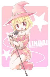 Rule 34 | 1girl, blonde hair, emudon, emurin, fantasy earth zero, hat, microphone, microphone stand, pink background, pink hat, pink theme, solo, witch