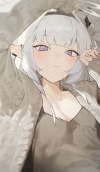 Rule 34 | 1girl, absurdres, black hairband, blue archive, blush, breasts, closed mouth, collarbone, flower, grey hair, hair flower, hair ornament, hairband, halo, highres, himari (blue archive), kji (rozo), long hair, long sleeves, looking at viewer, mole, mole under eye, pointy ears, purple eyes, small breasts, solo, striped clothes, striped hairband, white flower