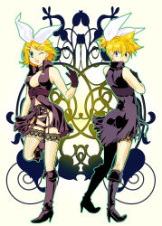 Rule 34 | 1boy, 1girl, bare shoulders, blonde hair, blue eyes, boots, breasts, brother and sister, cleavage, crossdressing, dress, fishnets, garter belt, gloves, hair ornament, hairclip, kagamine len, kagamine rin, kondoru, legs, navel, one eye closed, open mouth, panties, ribbon, siblings, thighhighs, trap, twins, underwear, vocaloid, wink