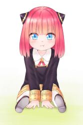 Rule 34 | &gt;:(, 1girl, :i, absurdres, aged down, anya (spy x family), anya (spy x family) (cosplay), blue eyes, blush, child, closed mouth, commentary, cosplay, eden academy school uniform, full body, go-toubun no hanayome, hairpods, highres, horns, long sleeves, looking at viewer, medium hair, nakano nino, pink hair, pout, red ribbon, ribbon, school uniform, simple background, sitting, solo, spy x family, straight-on, straight hair, tsubomi hanami, v-shaped eyebrows, white background
