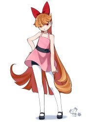 Rule 34 | 1girl, :o, akazutsumi momoko, bare arms, bare shoulders, black footwear, bow, chinese commentary, collarbone, dress, flat chest, full body, hair bow, hand on own hip, highres, legs apart, long hair, looking at viewer, mary janes, open mouth, orange hair, pantyhose, pink dress, pink eyes, powerpuff girls z, red bow, shadow, shoes, simple background, solo, standing, very long hair, white background, white pantyhose, youzaiyouzai112