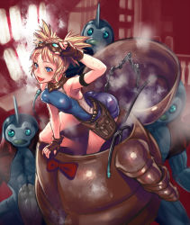 Rule 34 | 10s, 1girl, abs, animal costume, bare shoulders, bird, blonde hair, blue eyes, blush, bow, bowtie, fang, fingerless gloves, gloves, goggles, goggles on head, granblue fantasy, highres, munaage, open mouth, pengie, penguin, penguin costume, short hair, short twintails, shorts, smile, steam, sweat, twintails