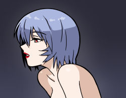 Rule 34 | 1girl, ayanami rei, black background, blue hair, commentary, completely nude, from side, gradient background, hair between eyes, half-closed eyes, lipstick, looking to the side, makeup, neon genesis evangelion, nude, red ribbon, ribbon, sashimi (sasihmi), short hair, solo, tagme, upper body