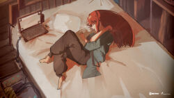 Rule 34 | 1girl, absurdres, artist name, barefoot, bed, black pants, computer, crossed arms, from above, highres, indoors, laptop, lying, on side, original, ozumikan, pants, pillow, power strip, red hair, sleeping, solo, wooden floor