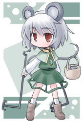 Rule 34 | 1girl, animal ears, basket, female focus, full body, grey hair, jewelry, kugelschreiber, mouse (animal), mouse ears, mouse tail, nazrin, pendant, red eyes, short hair, solo, standing, tail, touhou
