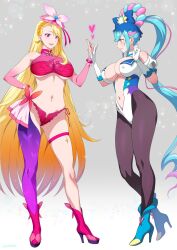 Rule 34 | 2girls, artist request, blonde hair, blue hair, breasts, character request, cleavage, cure butterfly, cure spicy, hand on own hip, heart, heels, highres, hirogaru sky! precure, joy ride, large breasts, legs, long hair, multiple girls, nail polish, navel, open mouth, precure, reen eyes, smile, thighs, underboob