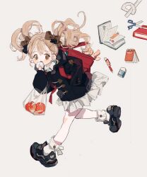 Rule 34 | 1girl, apple, backpack, bag, baozi, black bow, black coat, black footwear, blonde hair, book, bow, bow legwear, brown eyes, cashew, child, coat, collared shirt, commentary, eating, english commentary, eraser, eyelashes, eyeshadow, food, fruit, full body, hair bow, hand in pocket, highres, holding, holding food, long hair, long sleeves, makeup, miniskirt, notepad, open book, original, pen, pink eyeshadow, plastic bag, pleated skirt, putong xiao gou, red bag, ruler, running, scissors, shirt, shoes, skirt, sneakers, socks, solo, spilling, twintails, wavy hair, white background, white bow, white shirt, white skirt, white socks