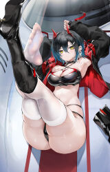 Rule 34 | 1girl, absurdres, armpits, arms up, ass, azur lane, black choker, black footwear, black hair, black jacket, black nails, blue hair, boots, breasts, car, choker, cleavage, closed mouth, colored inner hair, commentary request, criss-cross halter, crop top, ear piercing, feet, full body, hair between eyes, halterneck, high heel boots, high heels, highres, horns, jacket, large breasts, legs, legs up, light blush, long sleeves, looking at viewer, lying, mechanical horns, motor vehicle, multi-strapped panties, multicolored hair, multicolored nails, navel, official alternate costume, on back, on vehicle, piercing, porsche, race queen, red horns, red nails, short hair, single boot, skindentation, sleeves past wrists, soles, solo, spiked choker, spikes, stomach, thighhighs, thighs, toes, two-sided fabric, two-sided jacket, ulrich von hutten (azur lane), ulrich von hutten (ignition matrician) (azur lane), unworn boots, white hair, white thighhighs, xun li eins, yellow eyes, zipper pull tab