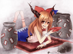 Rule 34 | 1girl, :d, alcohol, bare arms, blue dress, bow, bowl, bowtie, buckle, cup, dress, drunk, feet up, female focus, full body, hair bow, horns, ibuki suika, long hair, looking at viewer, lying, miya9, no shoes, on stomach, open mouth, red bow, red bowtie, red eyes, sakazuki, sake, smile, solo, touhou, very long hair, wrist cuffs