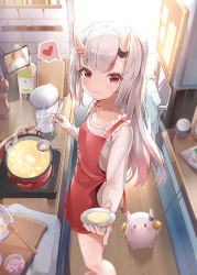 Rule 34 | 1girl, absurdres, apron, blunt bangs, blurry, breasts, commentary request, depth of field, from above, heart, highres, holding, holding ladle, hololive, horns, kitchen, ladle, long hair, long sleeves, looking at viewer, looking up, md5 mismatch, mujinbensin, multicolored hair, nakiri ayame, plate, pot, poyoyo (nakiri ayame), red eyes, resolution mismatch, shirt, sidelocks, silver hair, skin-covered horns, small breasts, smile, source smaller, spoken heart, streaked hair, sunlight, two-tone hair, virtual youtuber, white shirt, wooden floor