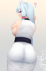 Rule 34 | 2girls, ?, animal ear fluff, animal ears, ass, bare shoulders, blue hair, breasts, character request, chibi, chibi inset, commentary request, cowboy shot, fox ears, fox girl, from behind, gradient background, grey background, hairdressing, highres, japanese clothes, kimono, large breasts, long hair, looking at viewer, looking back, multiple girls, ne an ito, obi, purple eyes, sash, sideboob, sidelocks, sleeveless, sleeveless kimono, touhoku itako, voiceroid, white kimono