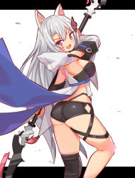 Rule 34 | 1girl, animal ears, ass, breasts, butterfly hair ornament, cat ears, coat, cougar (cougar1404), from behind, hair ornament, long hair, looking at viewer, medium breasts, open mouth, original, polearm, ponytail, red eyes, shiny clothes, shiny skin, short shorts, shorts, sideboob, single thighhigh, sleeveless, sleeveless coat, smile, solo, spear, thighhighs, very long hair, weapon, white hair