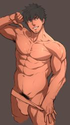 Rule 34 | 1boy, abs, bara, body hair, facial hair, hihumi, male focus, muscular, naughty face, presenting, topless male, smile, solo, teeth, underwear, undressing