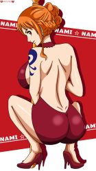 Rule 34 | 1girl, ass, breasts, darkuro 27, female focus, nami (one piece), one piece, orange hair, text focus