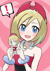 Rule 34 | !, 1girl, :d, absurdres, blonde hair, blue eyes, blush, bracelet, character doll, collar, collarbone, commentary request, creatures (company), doll, eyelashes, game freak, hairband, highres, holding, holding doll, irida (pokemon), jewelry, kion (namarock8686), looking at viewer, nintendo, open mouth, pink background, pokemon, pokemon legends: arceus, shirt, short hair, smile, solo, spoken exclamation mark, strapless, strapless shirt, teeth, upper body, upper teeth only