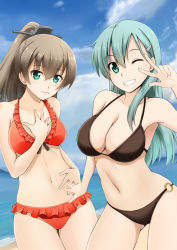 Rule 34 | 10s, 2girls, aqua eyes, aqua hair, beach, bikini, blush, breasts, brown bikini, brown hair, cloud, collarbone, commentary, day, embarrassed, female focus, finger to eye, frilled bikini, frills, fuuma nagi, gluteal fold, green eyes, grin, hair between eyes, hair ornament, hairclip, halterneck, hand on own chest, hand on own stomach, kantai collection, kumano (kancolle), large breasts, long hair, looking at viewer, medium breasts, multiple girls, navel, o-ring, o-ring bottom, one eye closed, outdoors, ponytail, red bikini, simple background, smile, suzuya (kancolle), swimsuit, upper body, v, white background