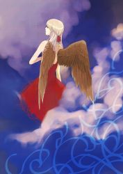 Rule 34 | 1girl, backless dress, backless outfit, bad id, bad pixiv id, blonde hair, bow, cloud, dress, from behind, hair bow, half updo, highres, kurasawa moko, long hair, looking back, red dress, solo, wings