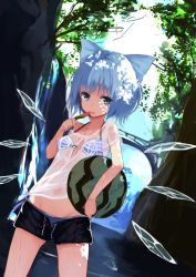 Rule 34 | 1girl, ball, beachball, bikini, bikini under clothes, blue bikini, blue bow, blue eyes, blue hair, bow, breasts, cirno, dappled sunlight, day, food, hair bow, highres, ice, ice wings, looking at viewer, lumo 1121, matching hair/eyes, navel, outdoors, popsicle, see-through, shade, shirt, short hair, side-tie bikini bottom, small breasts, solo, standing, striped bikini, striped clothes, summer, sunlight, swimsuit, touhou, water, watermelon bar, wet, white shirt, wings