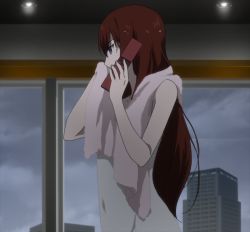 Rule 34 | 1girl, cellphone, city, highres, indoors, long hair, makise kurisu, phone, purple eyes, red hair, screencap, solo, steins;gate, steins;gate 0, stitched, third-party edit, towel, wet